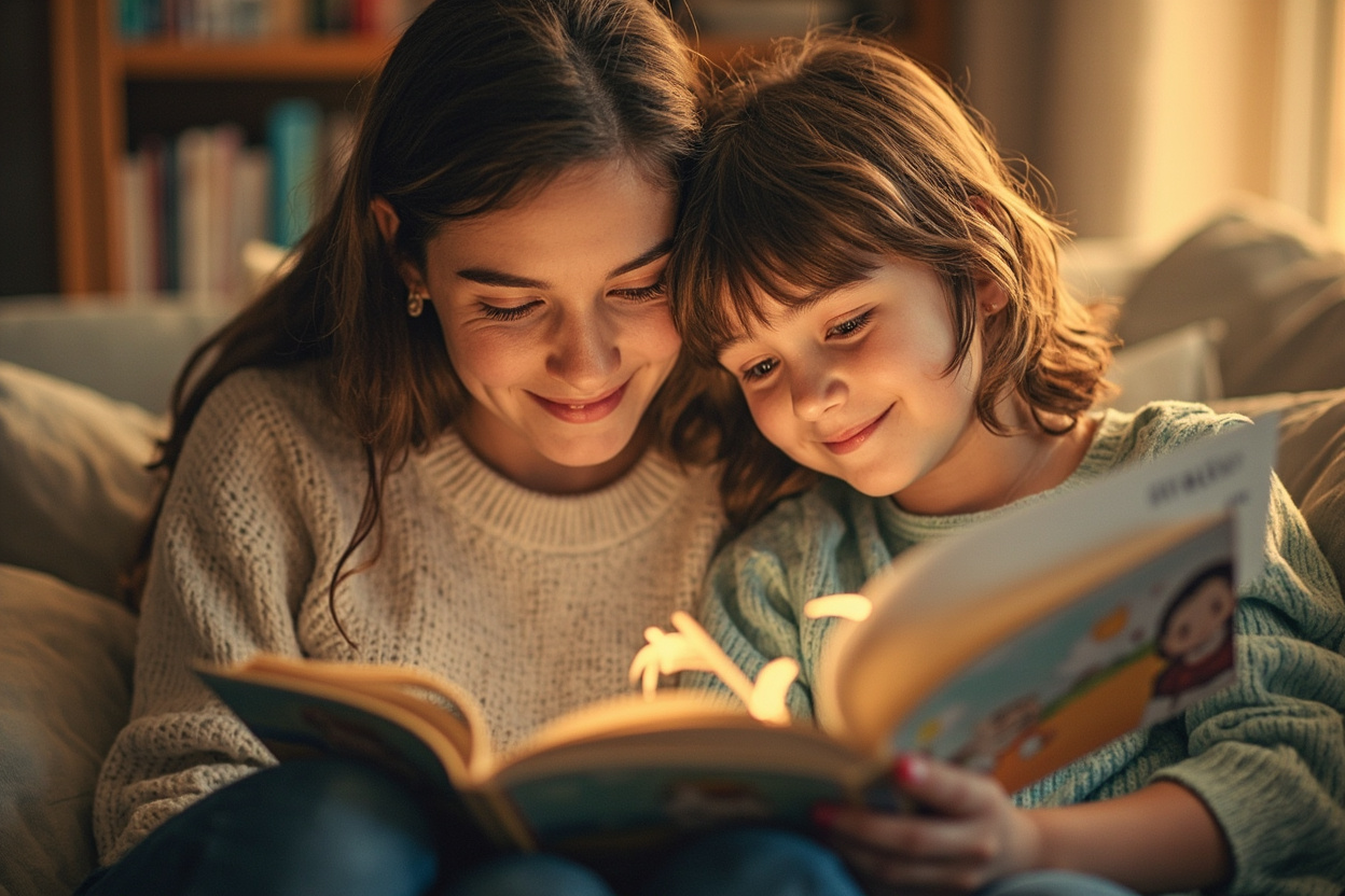 Mother and child reading together